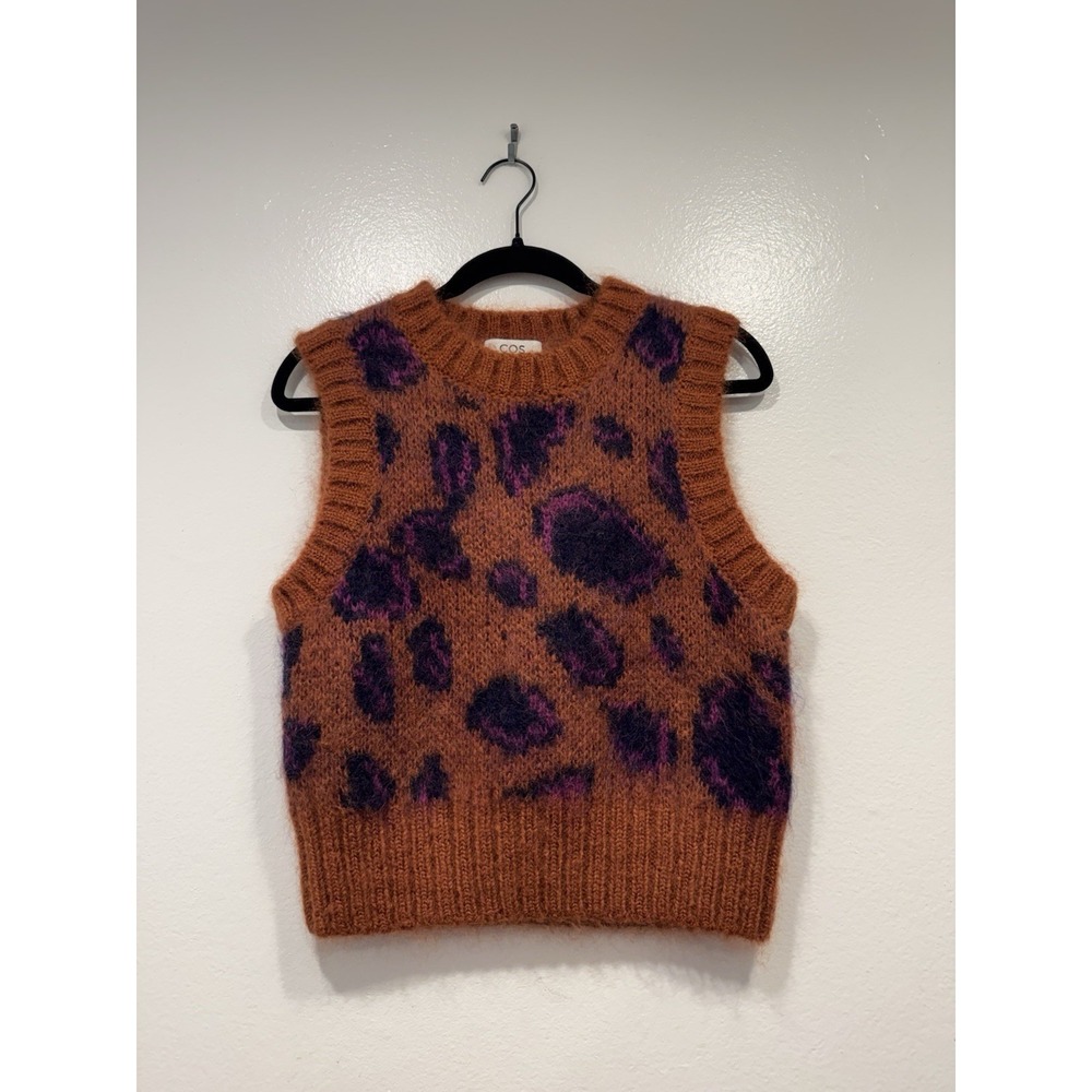COS Jacquard Mohair Wool‎ Blend Leopard Animal Print Vest Knit Size Small Preppy
